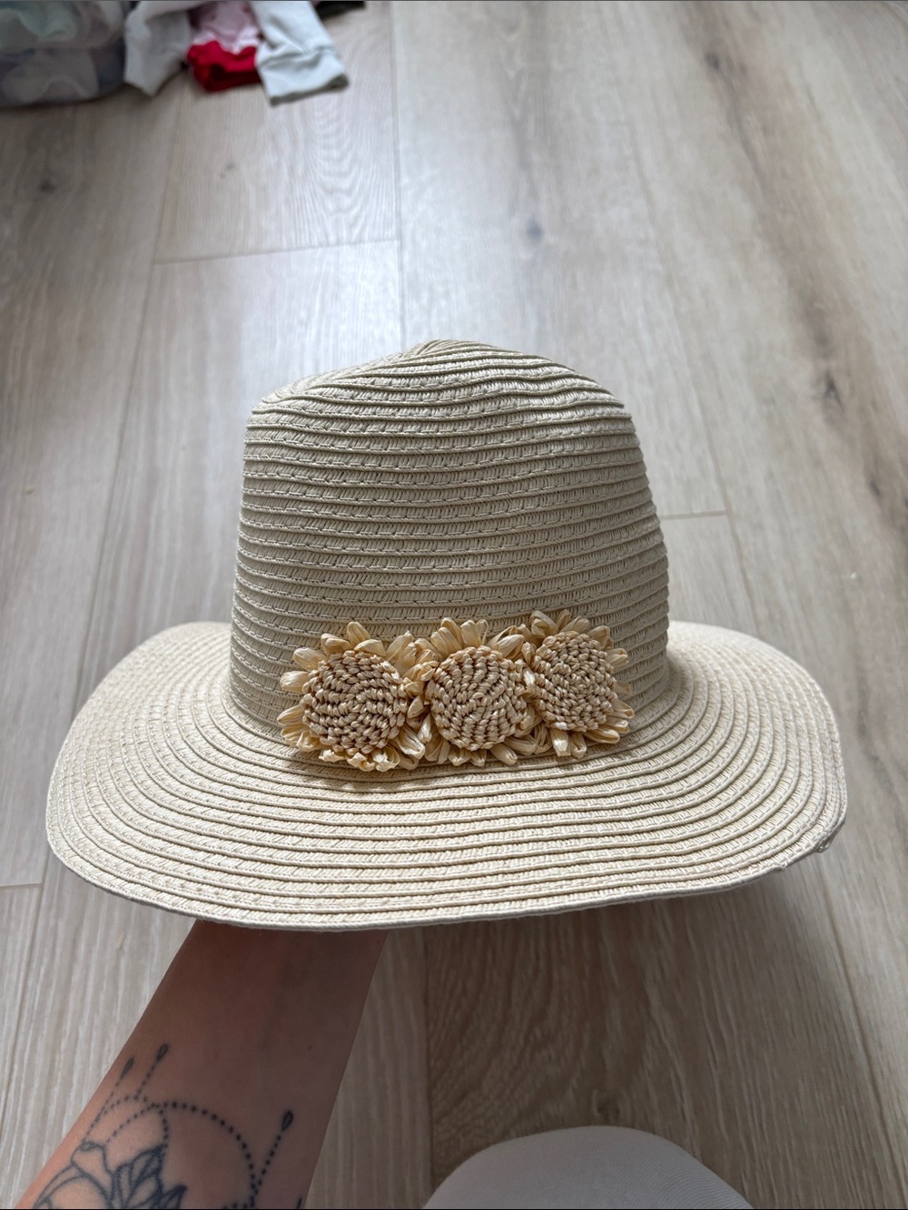 KIDS Straw Sun Hat with Floral Trim - Beige
